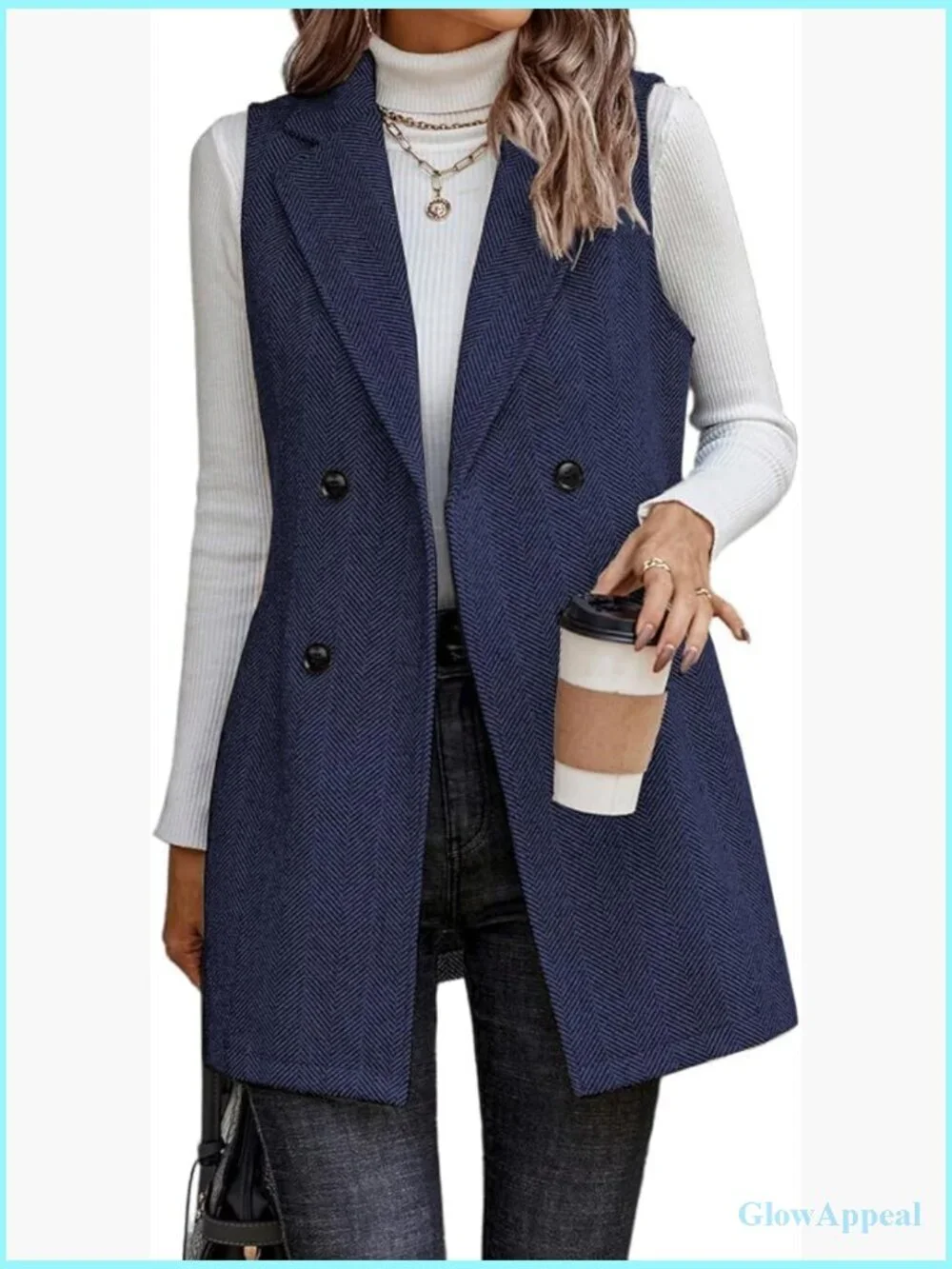 Sleeveless Tweed Vest Blazer, Wool Blend, Notch Collar, Double Breasted